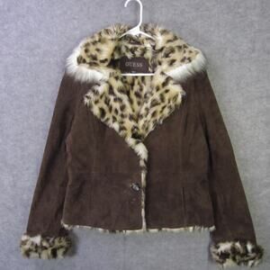 Guess Jacket Womens Large Brown Faux Suede Leopard Faux Fur Trim Coat Winter